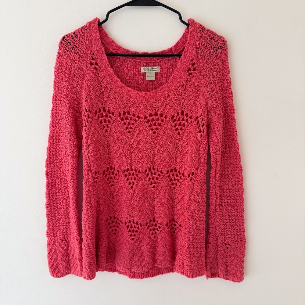 Lucky Brand Crochet Knit Sweater Womens M Pink Y2K Boho Pointelle 100% Cotton